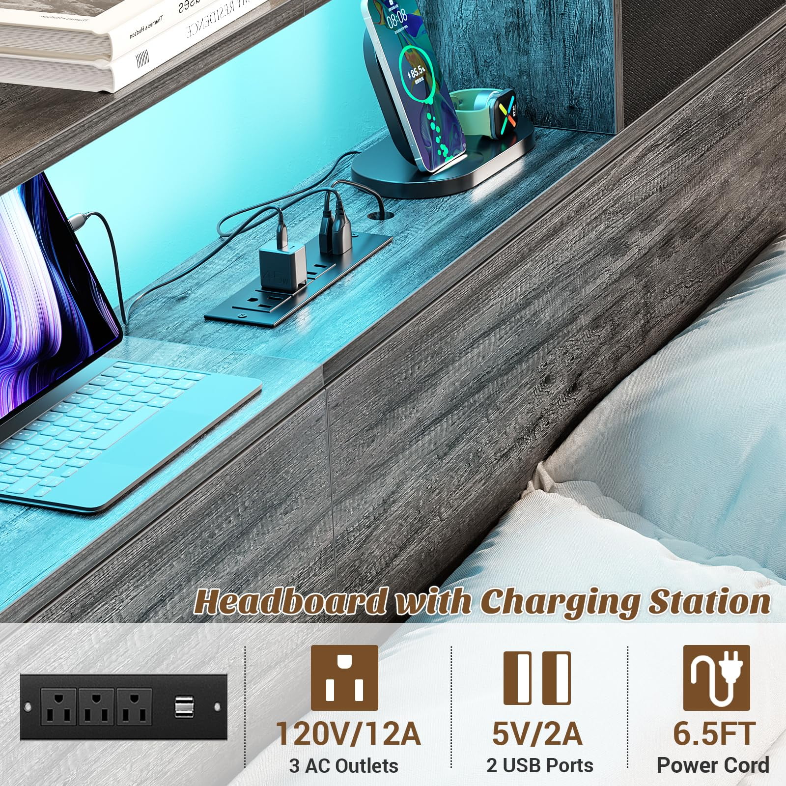 Aheaplus Queen Headboard with Drawer Storage and LED Light, Wood Headboard for Queen Size Bed with Power Outlet and Bookcase, Sturdy Head Board for Bedroom, Dorm Room, Guest Room, Black Oak