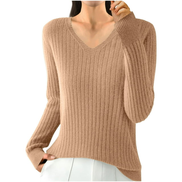tarylea Trendy Tops for Women Ribbed Knitted V Neck Sweater Long Sleeve Fall Spring Pullover Casual Wear Dailywear