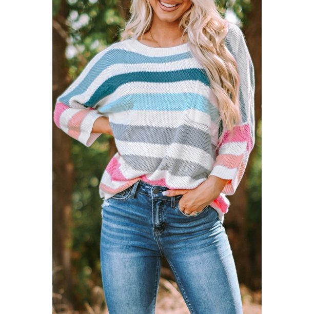 ABPHQTO Top De Mujer De Punto De Rayas Multicolor Con Bolsillo En El Pecho