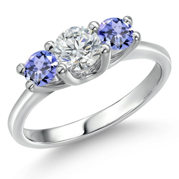 Gem Stone King 14K White Gold White Lab Grown Diamond & Blue Tanzanite 3-Stone Engagement Ring | 1.10 Cttw | Round 5MM and 4MM | Three Stone Wedding Anniversary Promise Ring for Women (Size 9)