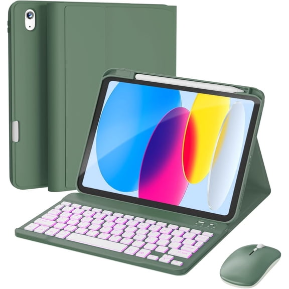 for iPad 11th (A16, 2025)  Case with Keyboard, Mouse and Detachable Wireless Keyboard, 7-Color Backlight, Slim Case with Pencil Holder, Olive Drab