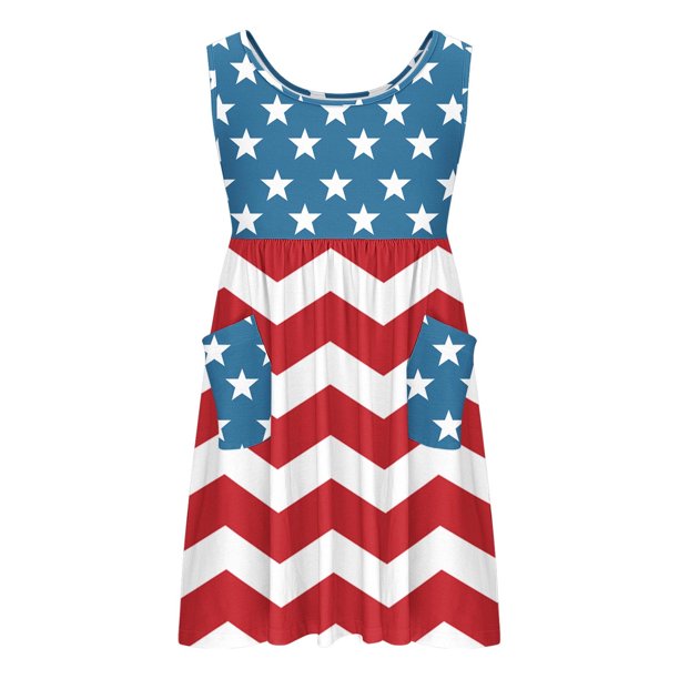 Odeerbi Niñas Día de La Independencia A-Línea Vestido de Tanque Con Bolsillos Verano Patriótico Estrella Raya Cuello Redondo Vestido de Sol Casual