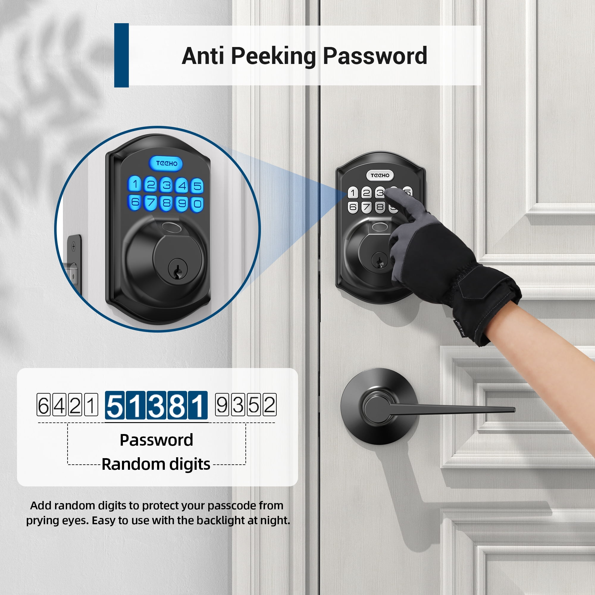 TEEHO Fingerprint Keyless Entry Door Lock with 2 Handles, Security Keypad Deadbolt Lock, Electronic Smart Door Locks, Auto Lock, Easy Installation- Matte Black