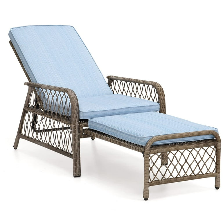 Multi-Functional Outdoor Wicker Love Seat Chaise Lounger with Navy Cushions