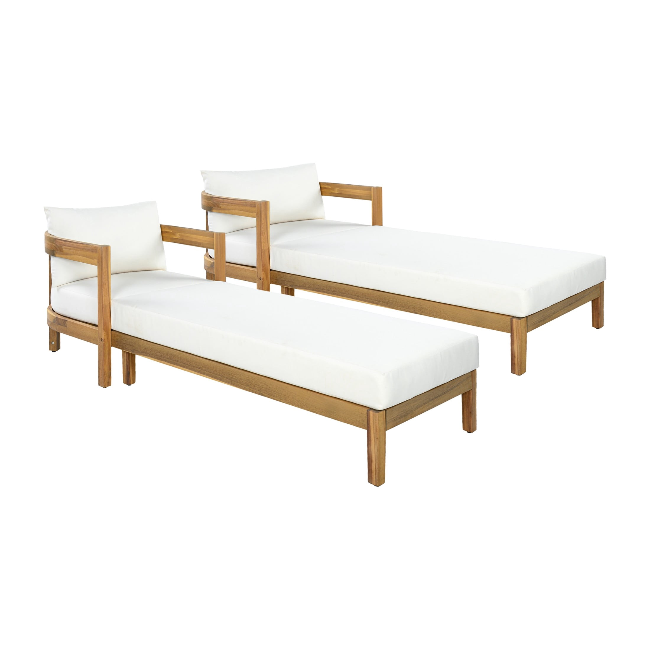 Christopher Knight Home 77" Acacia Wood Outdoor Chaise Lounge with Cushion, Curved Frame, Teak+Cream, Set of 2