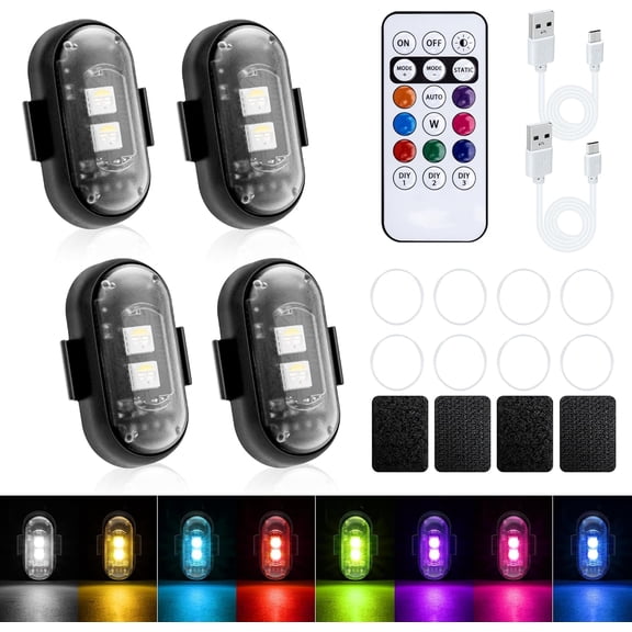 Asunby 4 Pack Wireless LED Strobe Lights with Remote Control, 8 Colors USB Rechargeable Waterproof Anti-Collision Warning Lights for Car Motorcycle Bike Drone