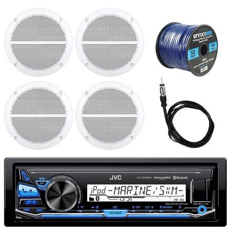 New JVC KD-X33MBS Bluetooth Marine Car Receiver, 4 x Enrock Boat 6.5 Inch Weather Resistant Speakers, Enrock Antenna – 40”, Enrock Audio Marine Grade Spool of 50 Foot 16-Gauge Speaker Wire