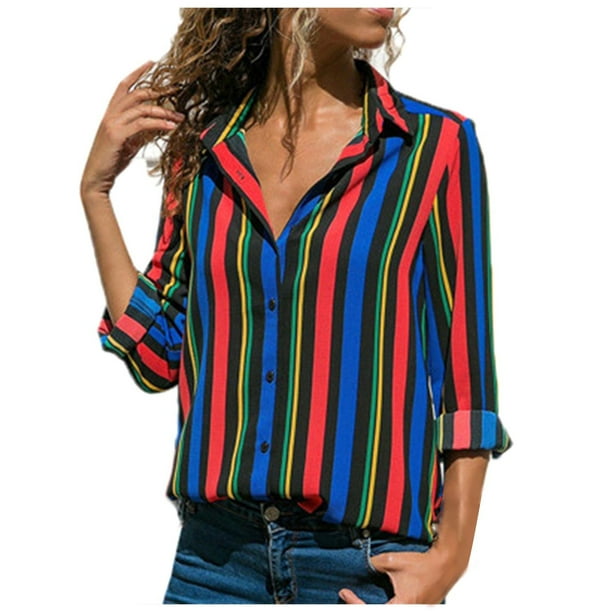 Blusa informal de manga larga con botones a rayas y bloque de color para mujer Pompotops FGAJ14496
