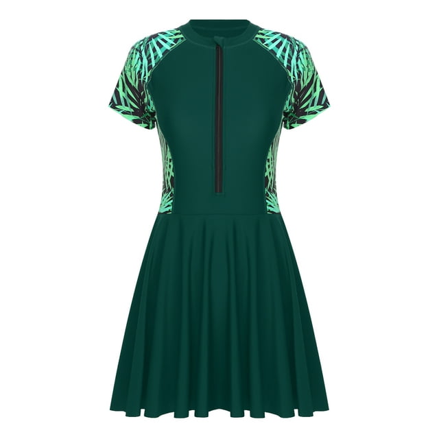 Yartina Maillot de Bain une Pièce pour Femme Grande Taille, Manches Courtes, Maillot Dermoprotecteur, Robe de Natation, Maillot de Plage Modeste, Vert 5TG