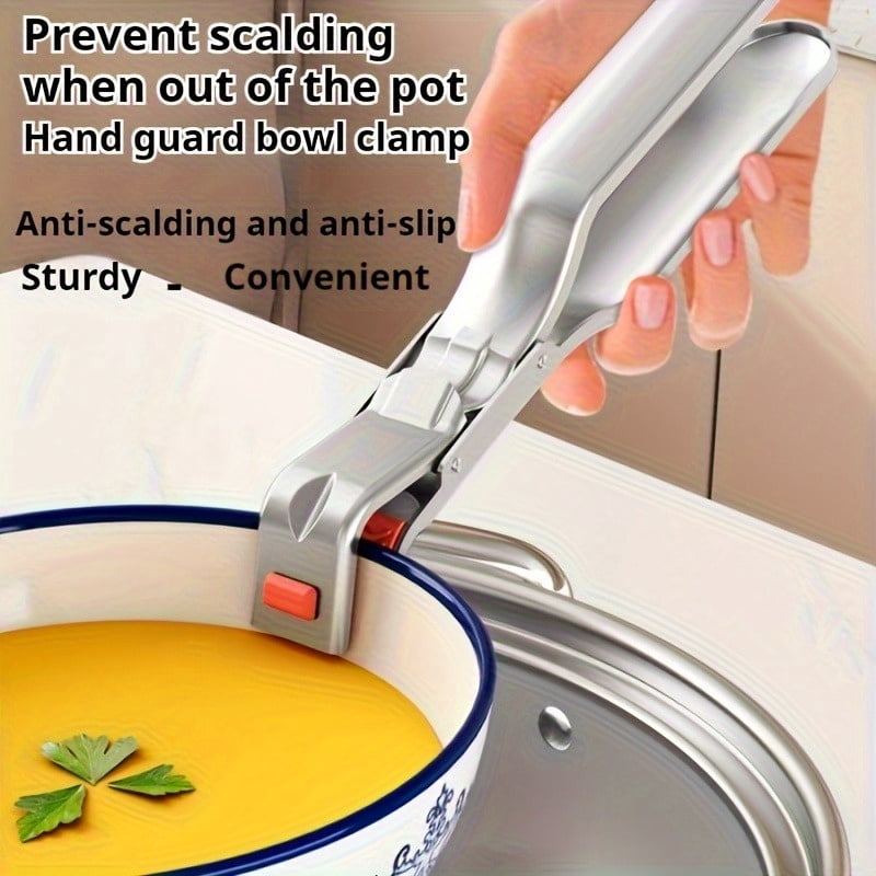 Stainless Steel Anti-Scald Bowl Clip Silicone Non-Slip Hot Dish Plate Gripper Tongs Kitchen Pot Pan Clamp Microwave Oven Lifter 1Pcs-Silver