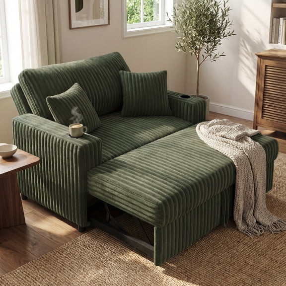 Marrber Green 52” 3-in-1 Convertible Pull-Out Sofa Bed Sleeper Loveseat with Reclining Backrest, Built-in Cup Holders, Pet-Friendly Corduroy Sofa for Small Space