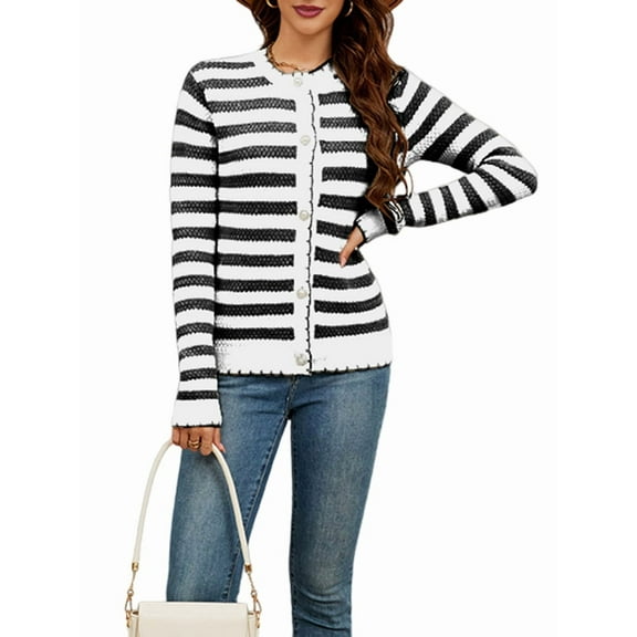 Women'S Cardigan Sweaters Striped Open Front Button Down Knitted Coat Cropped Fall Outwear White & Black S