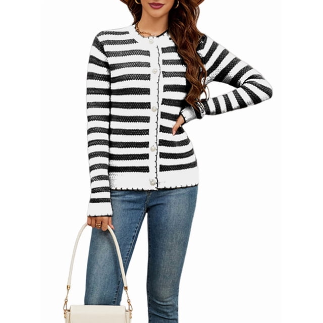 Suéteres Tipo Cárdigan para Mujer, de Rayas, con Botones Al Frente, de Punto, Abrigo Corto de Otoño. y Negro L