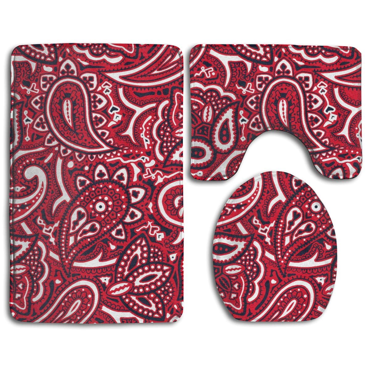 CHAPLLE Paisley Bandana Red 3 Piece Bathroom Rugs Set Bath Rug Contour