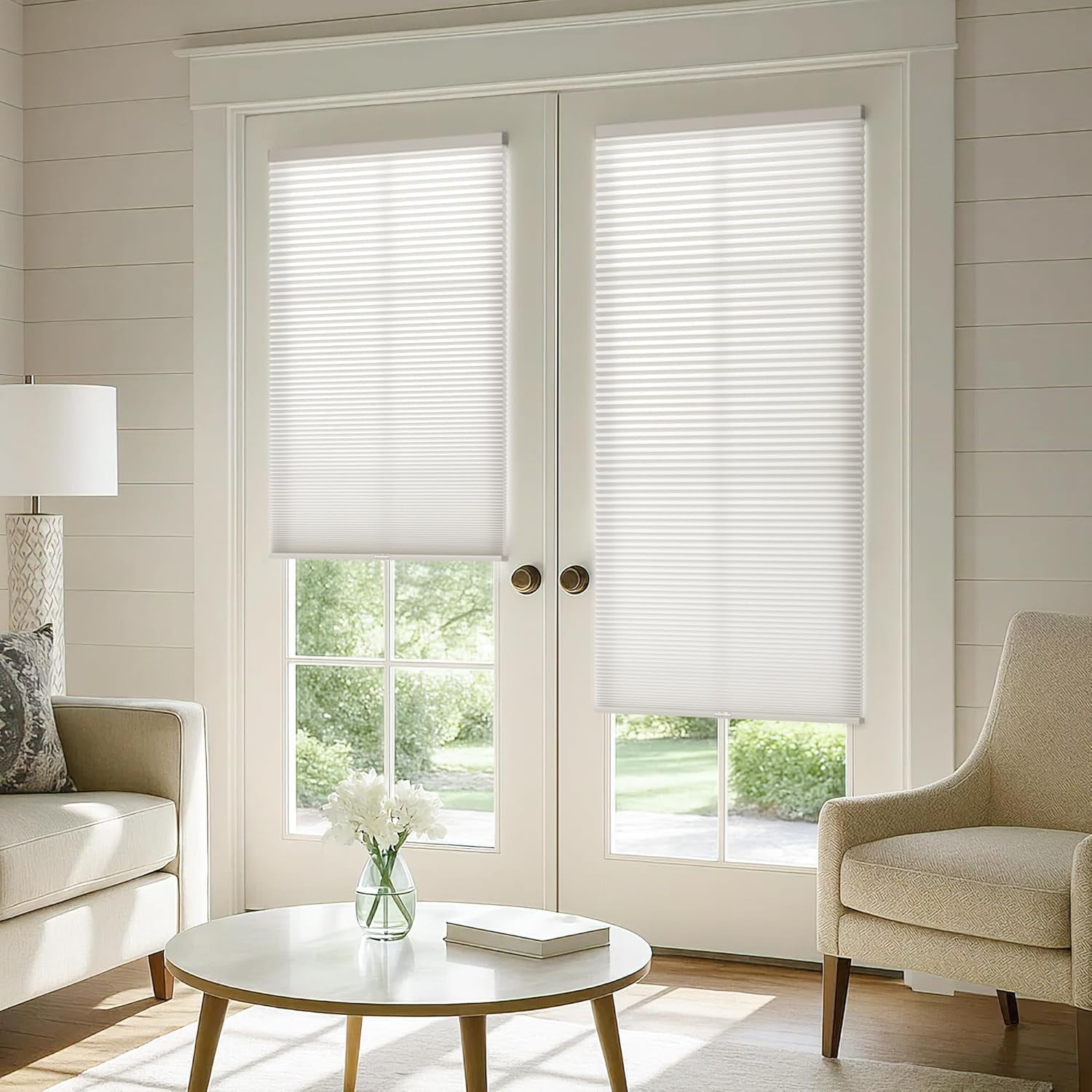 LazBlinds Cordless Cellular Shades for French Doors, No Drill French Door Blinds for Privacy, Light Filtering Honeycomb Shades for Front Door Patio Sliding Glass Door, 1 Pack, 22" W x 78" H, White