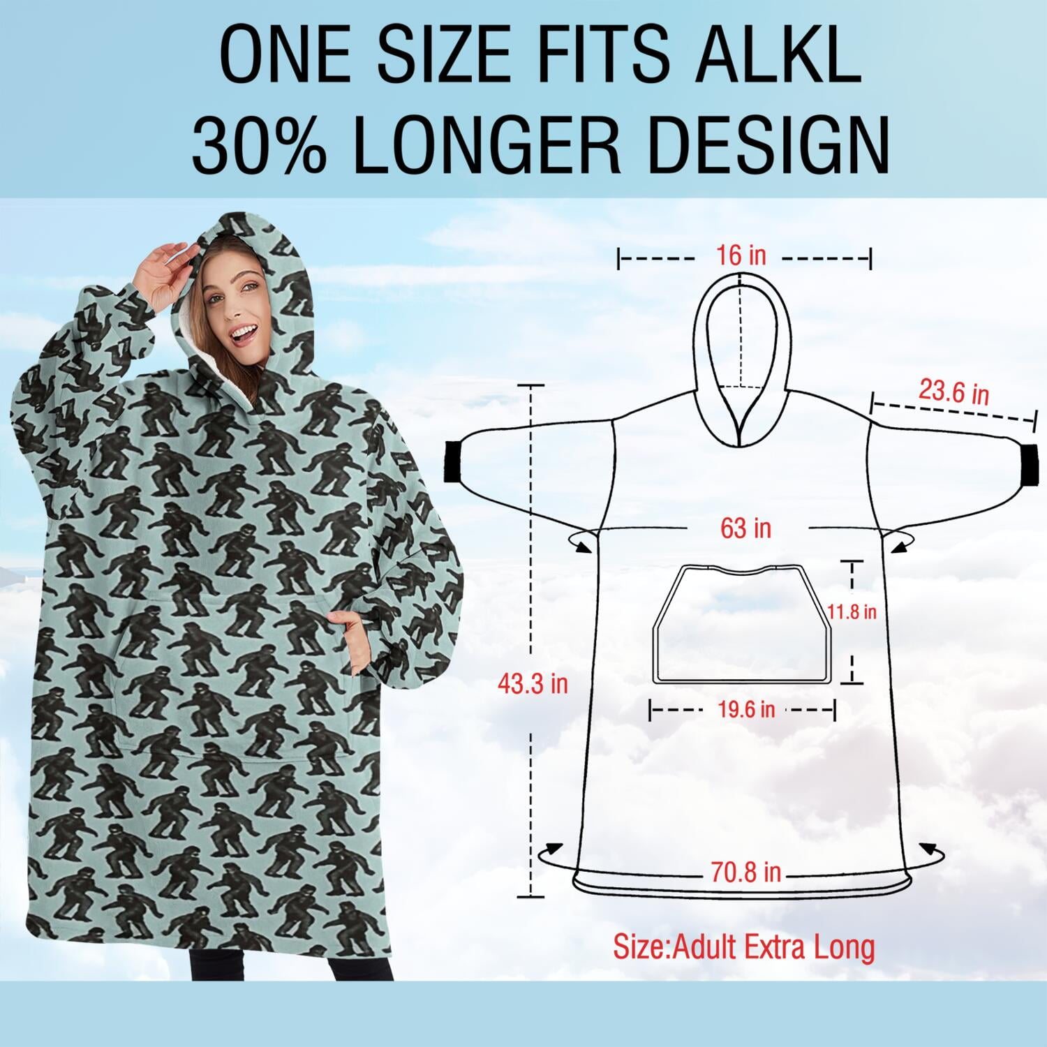 Oversized Wearable Blanket Hoodie,Blue Bigfoot Pattern Sherpa Blanket Hoodie with Super Pockets,Super Warm Fuzzy Pullover for Women & Men