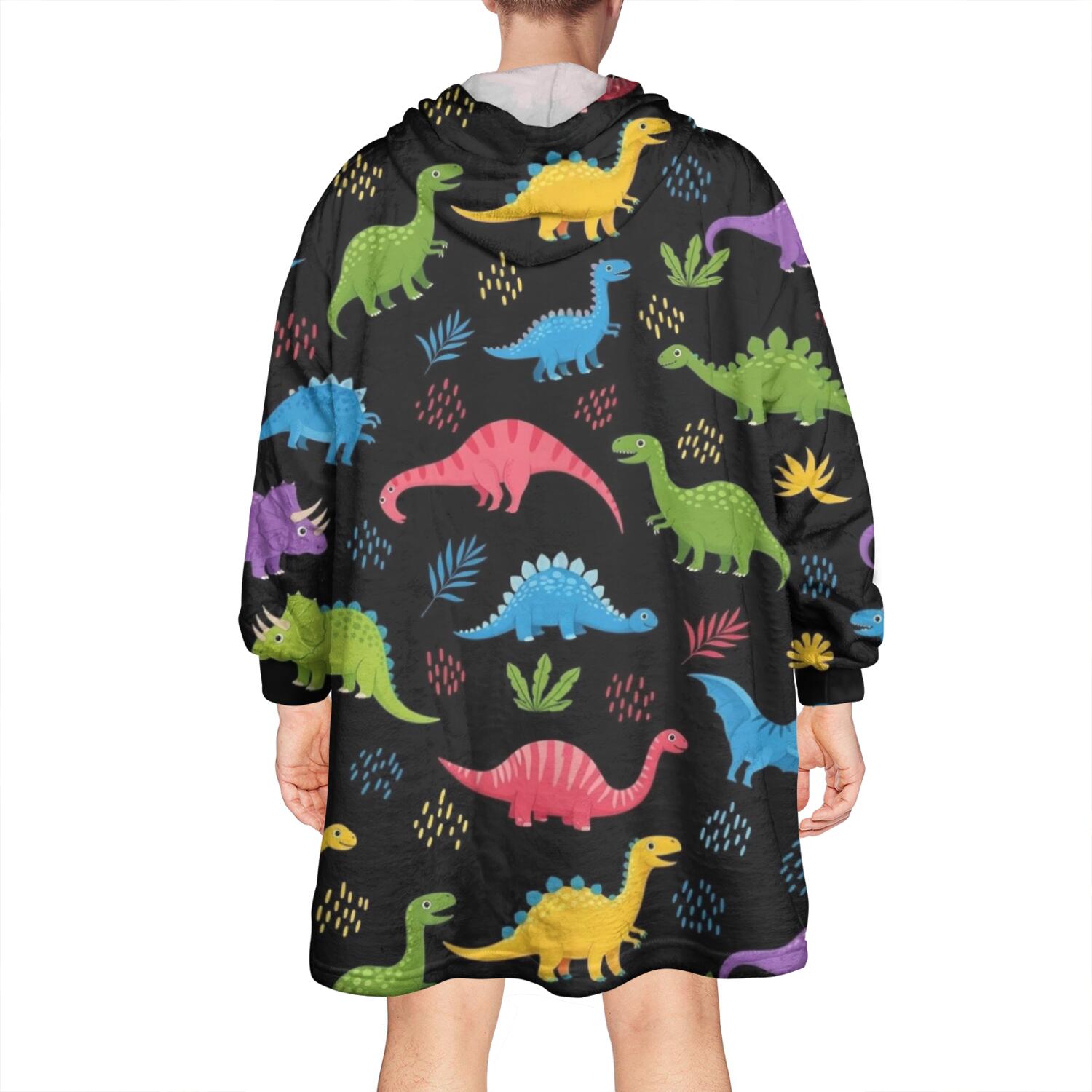 Wearable Oversized Blanket,Black Cartoon Colorful Dinosaurs Plants Pattern Wearable Blanket Hoodie for Adults,Cozy Hooded Blankets with Super Pockets,Super Warm Fuzzy Pullover for Women & Men