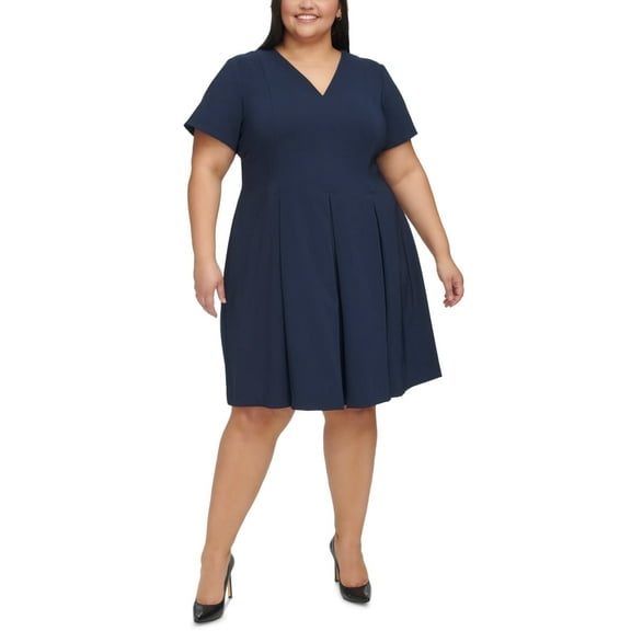 Tommy Hilfiger V-Neck Fit and Flare Dress, Sky Captain, Plus Size