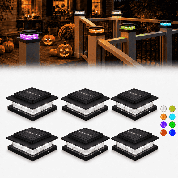 TEIPUERY 6 pack Solar Post Cap Lights, 8 RGB Colors LED Fence Post Lights for 4x4 Posts, Waterproof Outdoor Deck Lighting for Patio Garden