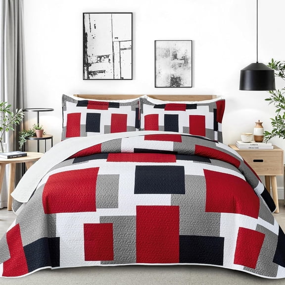 3 Piece Red Black Grey Quilts Full/Queen Size Red Gray Bedding Set