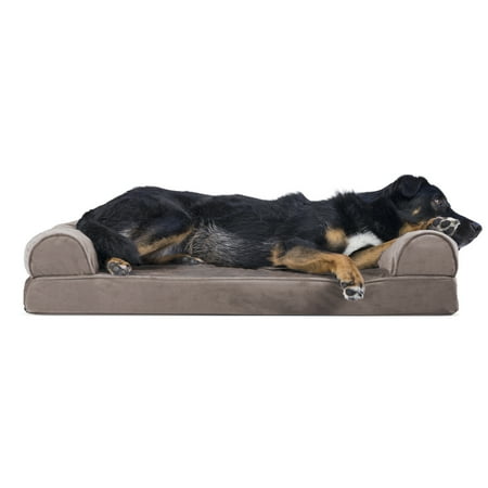 UPC: 0842229117370 | FurHaven Pet Products Faux Fur & Velvet Memory Top Sofa-Style Pet Bed for Dogs & Cats – Driftwood Brown Large