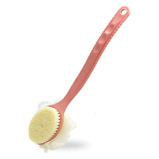 Cepillo para el cuerpo de la ducha, mango largo, cepillo para la espalda del baño con cerdas cómodas y lufa para exfoliar la piel, cepillado húmedo para mujeres y hombres (rosa)