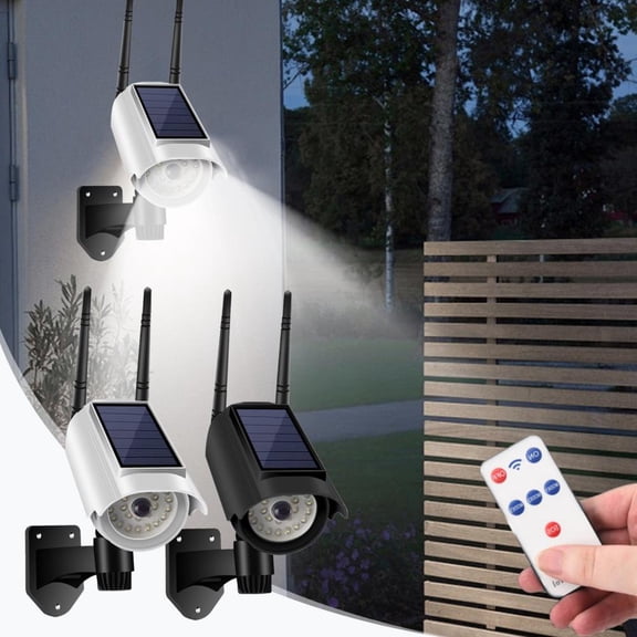 Outoloxit Solar Powered Motion Sensor Security Light with Fake Camera and Flashing LED for Outdoor Garden Business IP66 Waterproof 3 Lighting Modes Remote Control