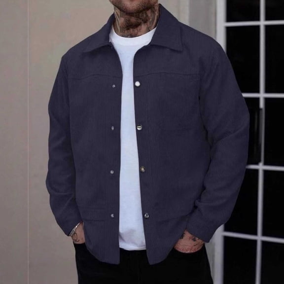 BRGZLK Men's Corduroy Jacket Fashion Comfy Solid Color Long Sleeve Turn Down Collar Button Cahual Overshirt with Pocket Dark Blue XXL