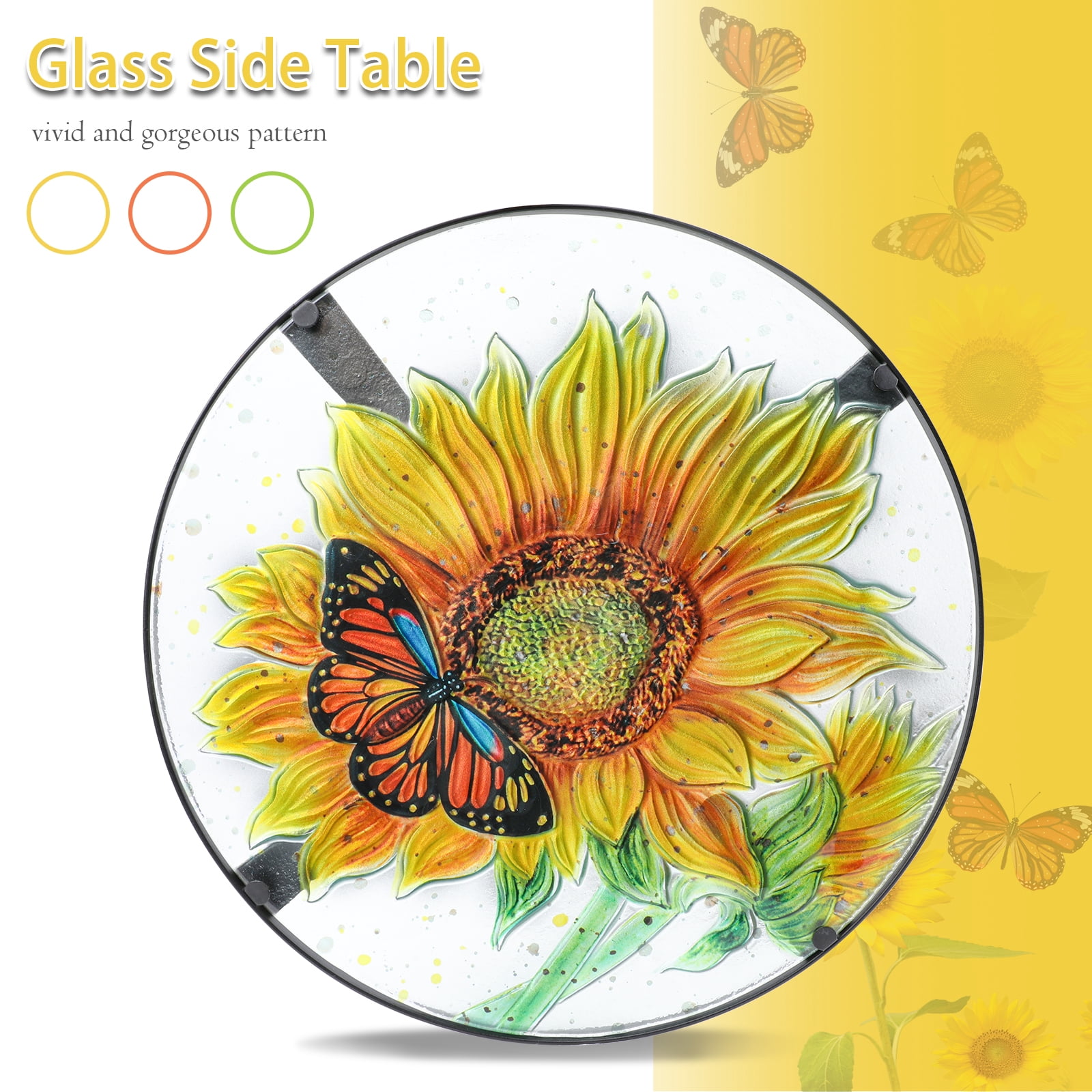 Patio Side Table Outdoor Accent Table Bistro Coffee Table Plant End Table Small Porch Table Indoor Round Glass Balcony Plant Table Stands Sunflower