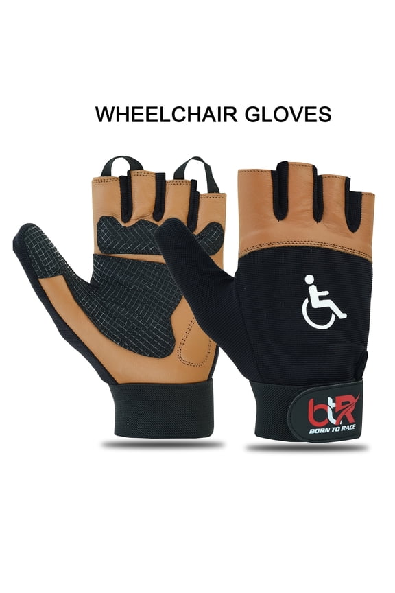 Wheelchair Gloves Mobility & Disability Support, Fingerless with Long Thumb, Leather Palm, Brown, Size L