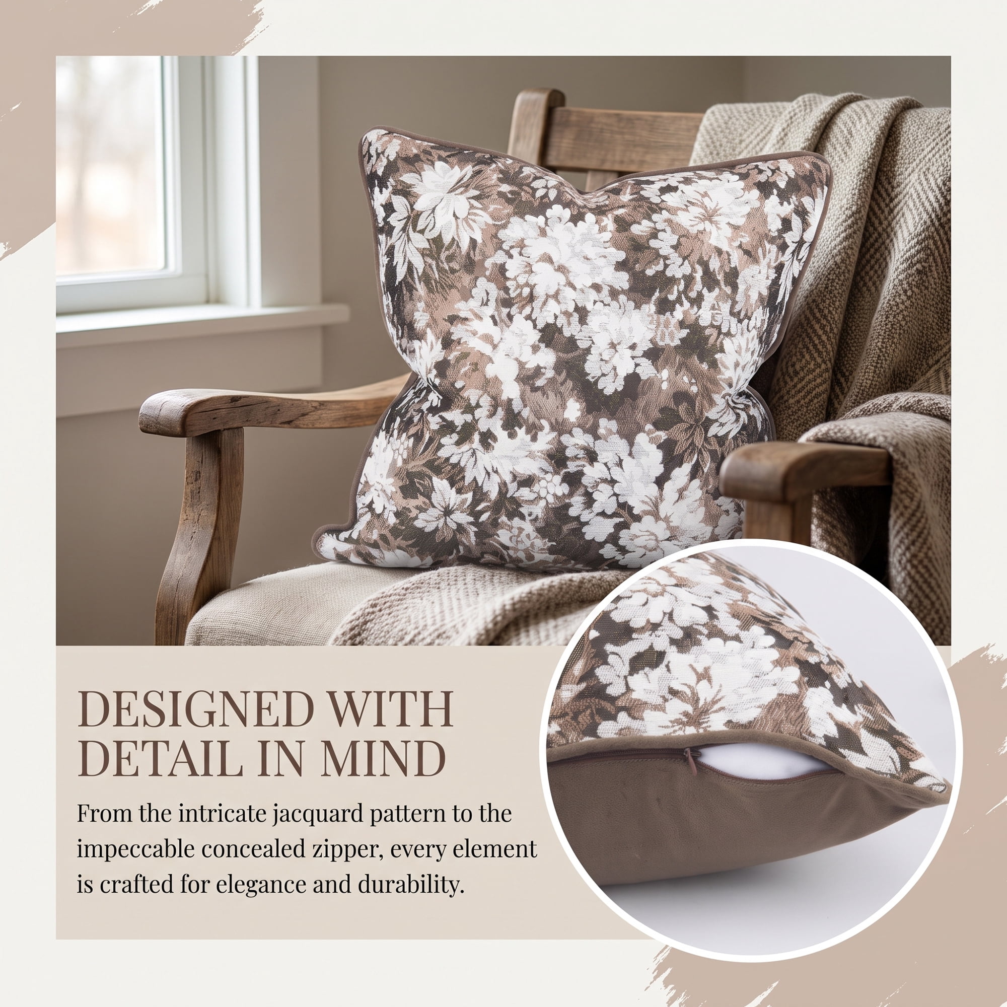 Unique Bargains Floral Throw Pillow Cover with Piped Edge Decor Cushion Case Brown 18"x18"