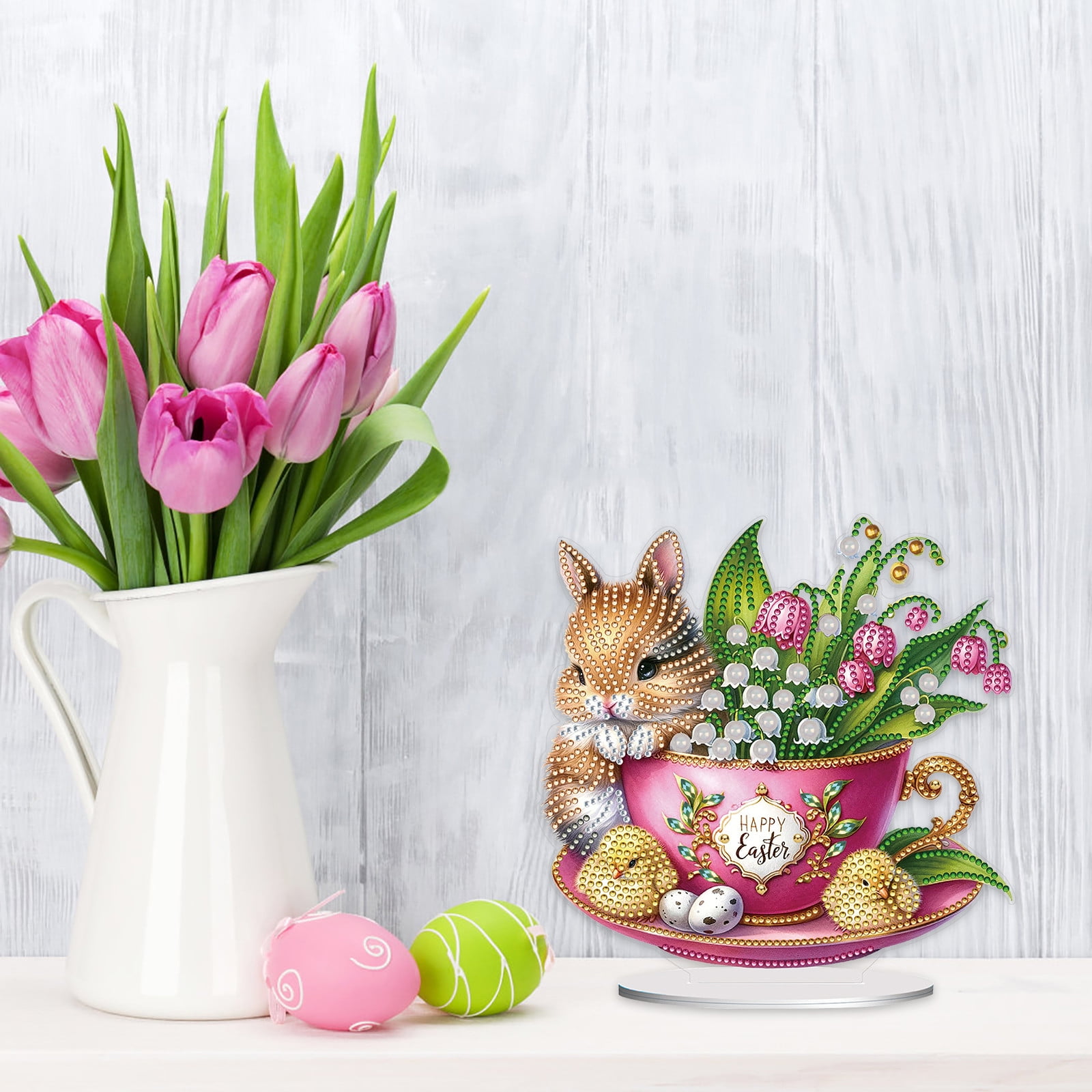 FLOPESN DIY Diamond Art Painting Easter Bunny Ornament Kits with Oval Base, Single-Sided Diamond Painting PET Craft for Home Decor