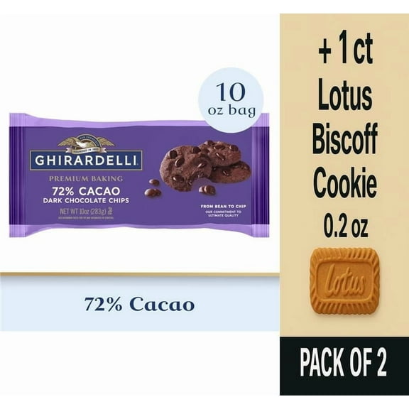 Ghirardelli Premium Baking 72% Cacao Dark Chocolate Chips 10 oz - Pack of 2 & Lotus Biscoff Cookie - 0.2 Oz - 1 ct