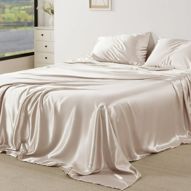 Juego de Sábanas Bedsure de Satén para Cama Full 4 Piezas Beige