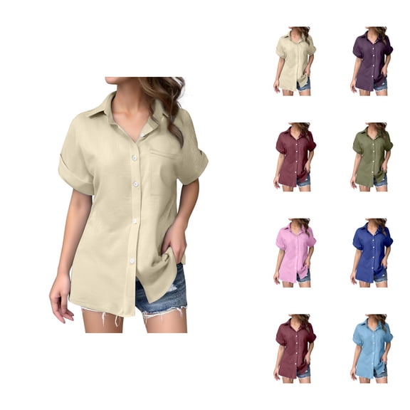 T Shirts for Women 2026 Summer Short Sleeve Cotton Linen Button Down Collared Loose Business Casual Office Work Tshirt Blouse