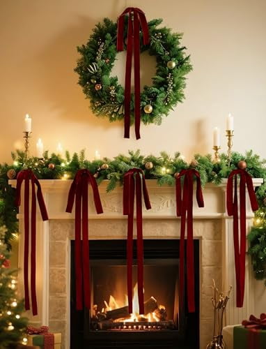 Elegant Burgundy Velvet Bows for Christmas Decorations - 6 Large 15x24 Inch Bows for Tree, Wreath, Garland, Mantel, Staircase and Holiday Home Decor