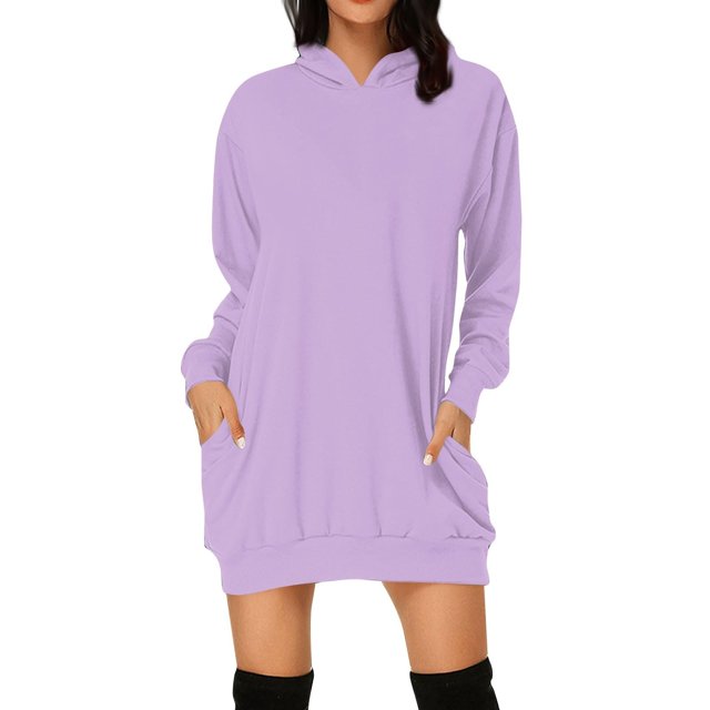 Ladies Casual Loose Long Sleeved Hooded Solid Color Dress
