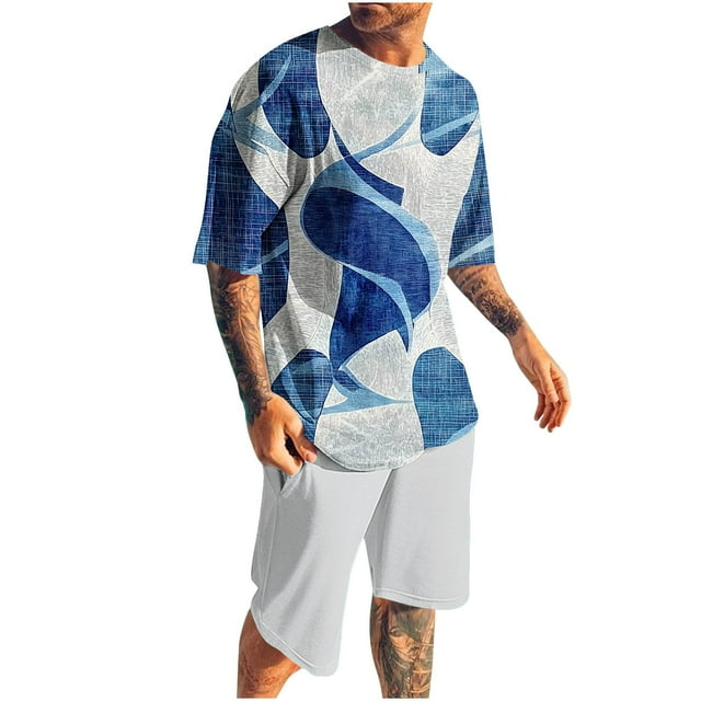 Ensemble pour Hommes : Blouse à Manches Courtes à Col Rond et Shorts à Taille Élastique, Tenue d'Été Décontractée en Polyester pour l'Extérieur, Bleu Taille P