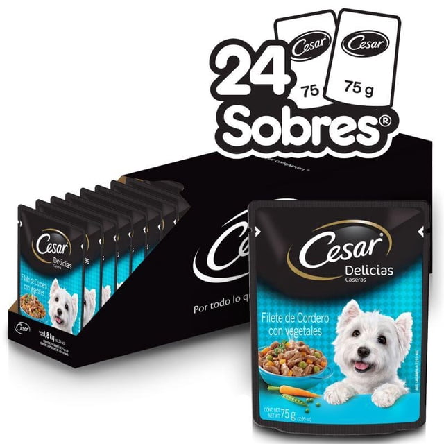 Caja de Alimento Húmedo Pouch Sabor Cordero con Vegetales Cesar 24 unidades de 75 gr