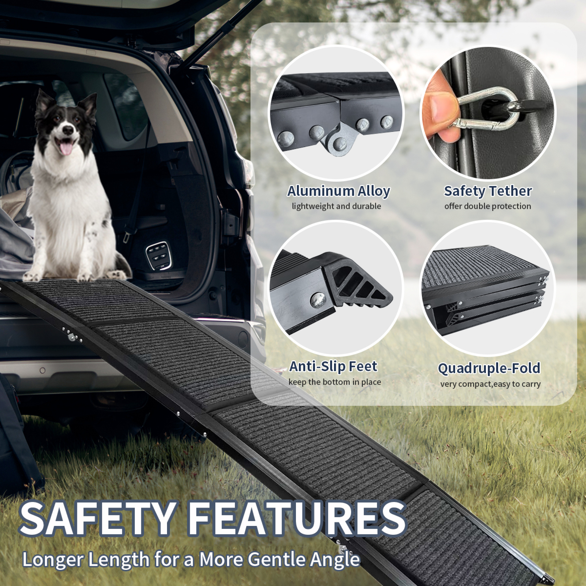 Dog Ramp for Car, 63" Long & 17" Wide Folding Portable Pet Stair Ramp with Non-Slip Rug Surface, Dog Steps for Medium & Large Dogs Up to 250LBS Enter a Car, SUV & Truck
