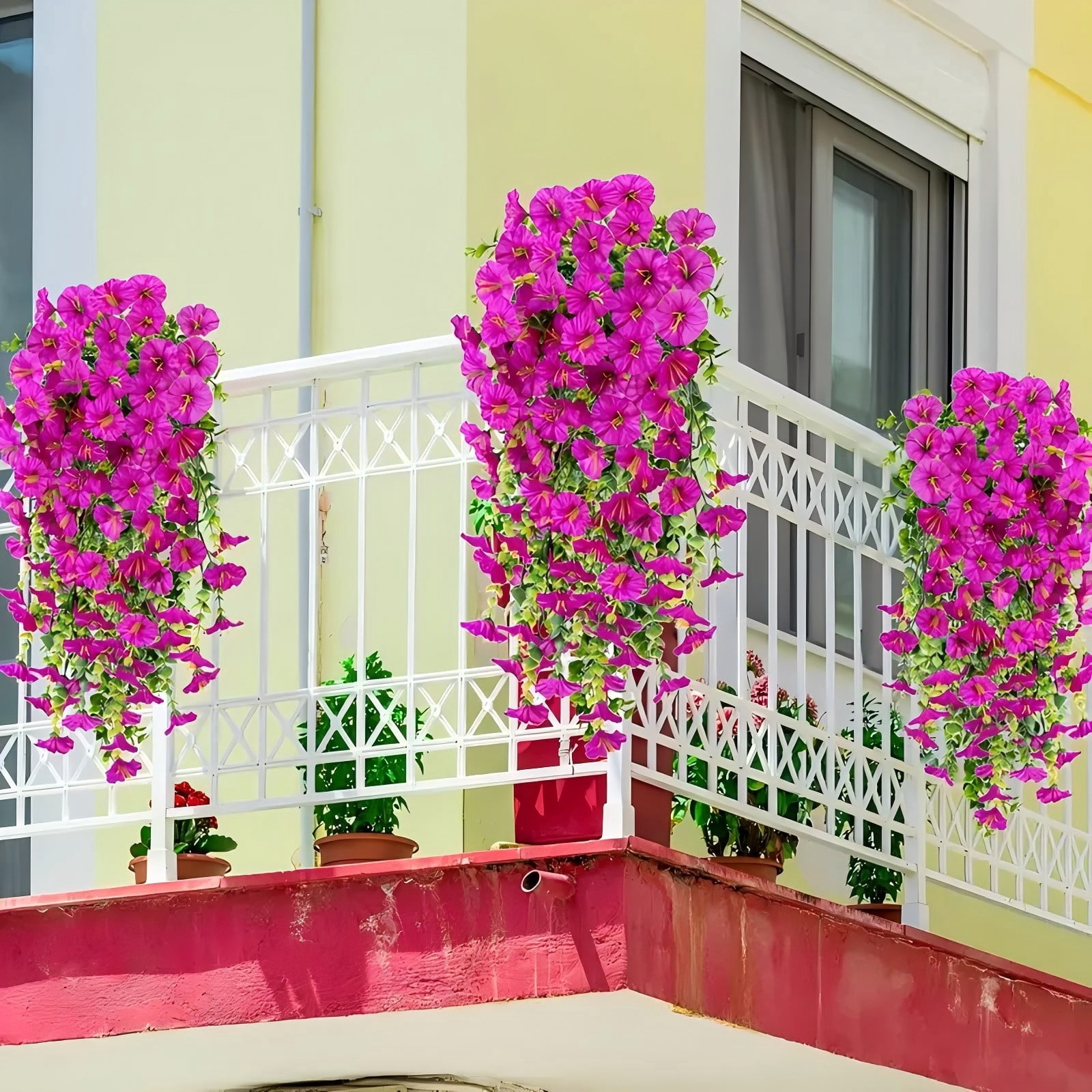 4Pack UV Resistant Artificial Hanging Petunias, 29.9in Fake Flowers for Outdoor Patio Garden Decor