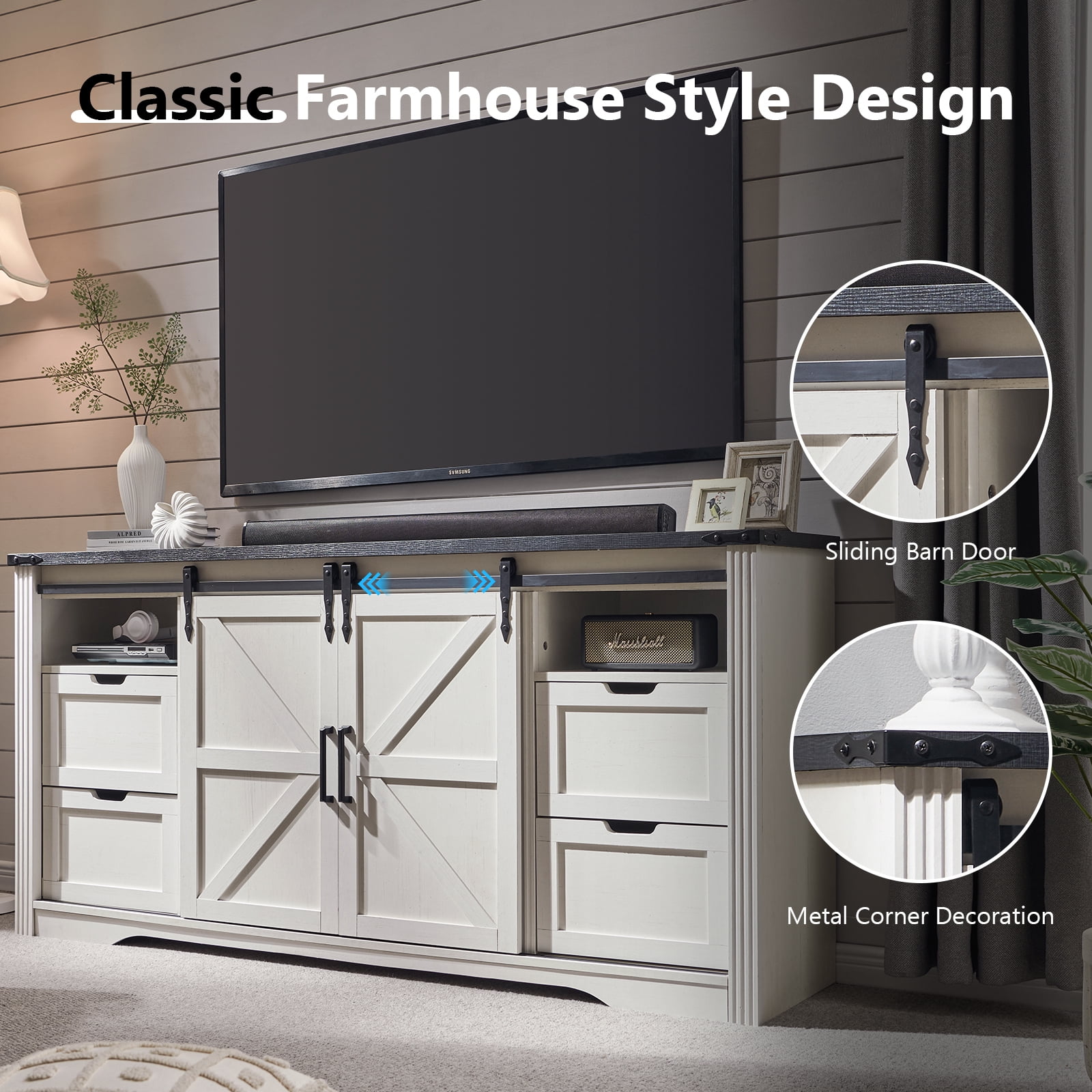 T4TREAM Farmhouse TV Stand for TVs up to 75" - Wood Entertainment Center with 4 Drawers & Barn Door & Adjustable Shelves, White