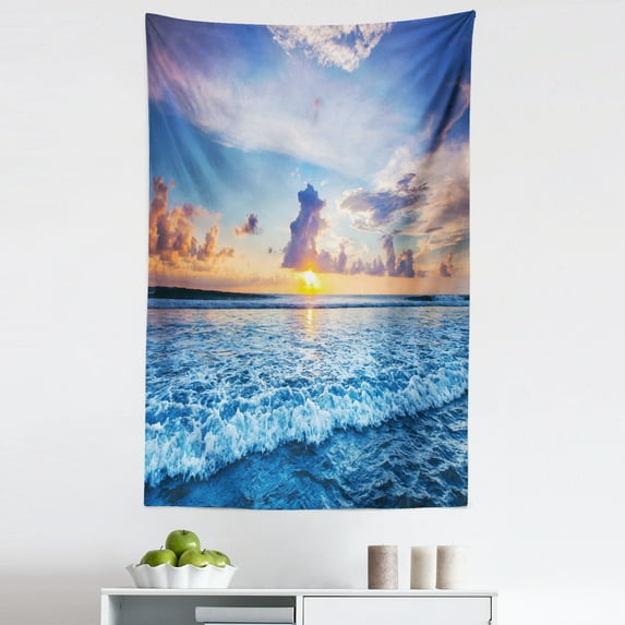 Beach Tapestry, Sunset Romantic Horizon Cloudy Sky and Shore Bay Waving Sea Scenery, Fabric Wall Hanging Decor for Bedroom Living Room Dorm, 5 Sizes, Ceil Blue and Pale Orange, by Ambesonne