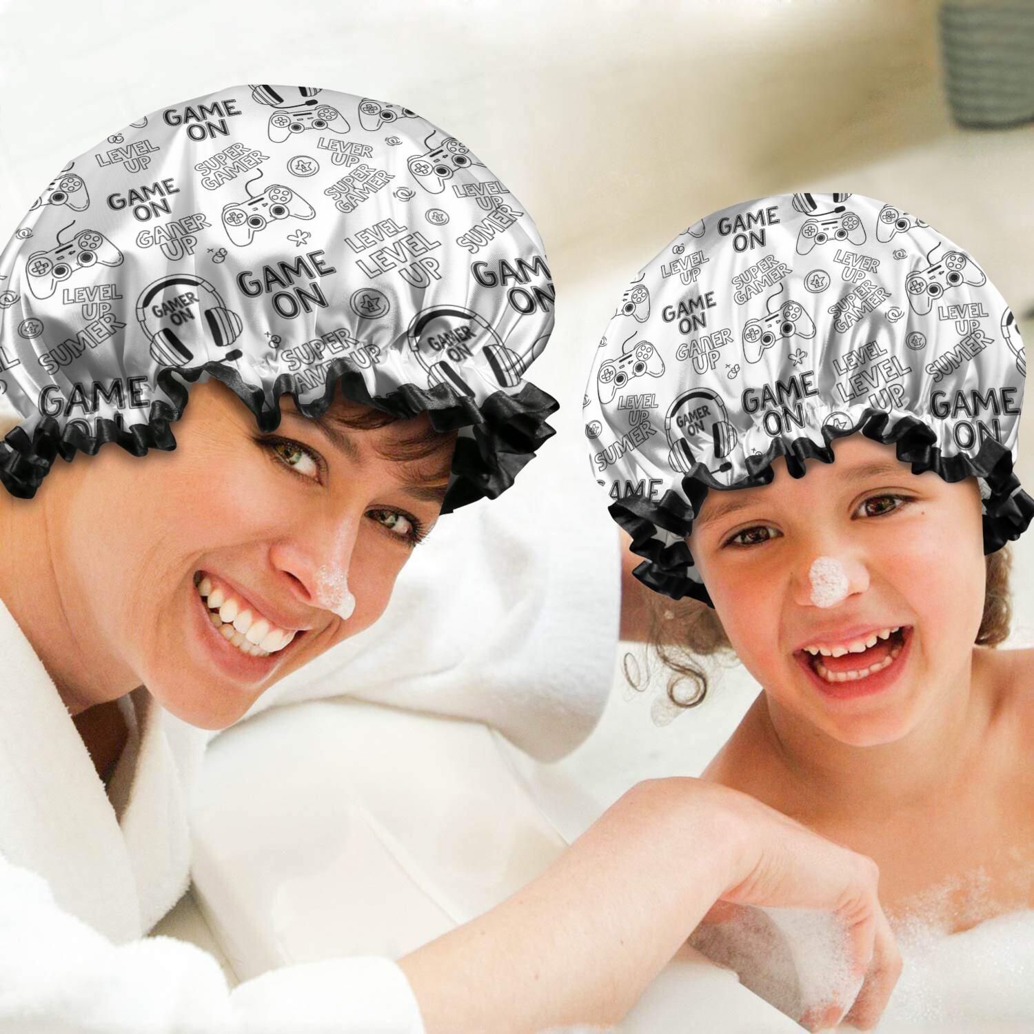 Shower Caps,Black Controllers Games Icons White Pattern Waterproof Shower Cap for Women 4 Pieces,Double Reusable Hair Cover for Shower PEVA Elastic Stretch Hem
