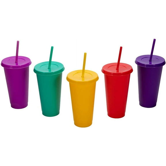 Reusable Plastic Cups with Lids Straws: 5 Pcs 16oz Colorful Bulk Party Cups/ BPA-Free Dishwasher-Safe Cold Drink Travel Tumblers for Iced Beverage Water Smoothie Coffee for Adults Kids (M-16 oz)