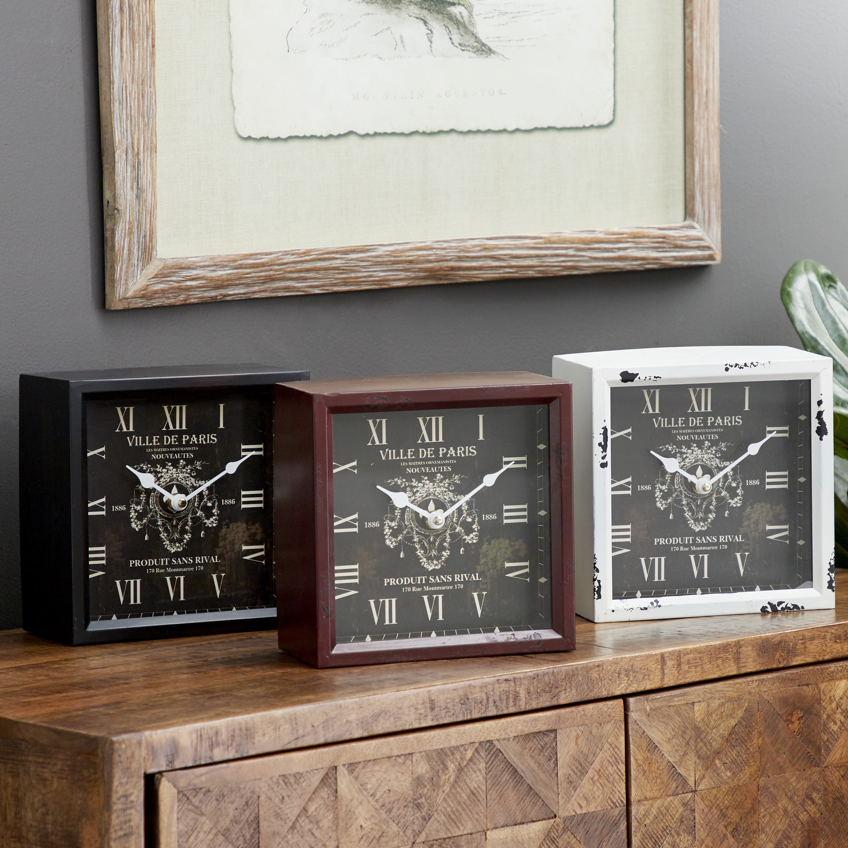 Decmode - Maroon, White, Black Antique Style Square Table Clocks, Set ...