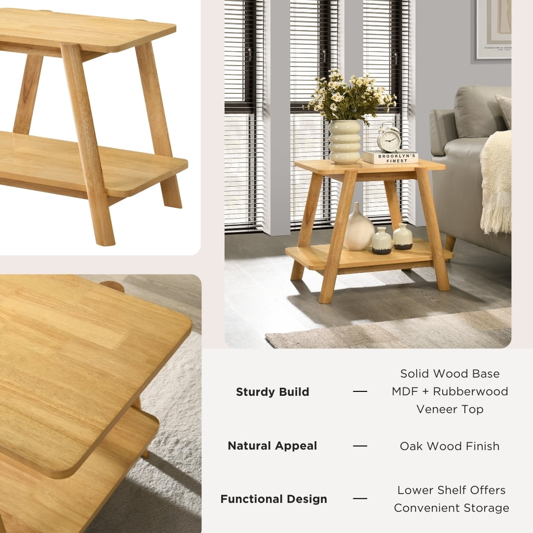 Mid‑Century Modern Natural Oak Finish Wood Shelf End Table, Sculptural Curved Side Table Nightstand with Under‑Table Storage Shelf