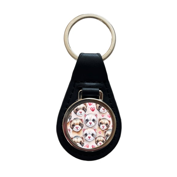 Cute Ferret Faces Hearts Watercolor Metal Black Leather Keychain