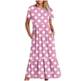 thumbnail image 1 of Tumotour Robe d'Été pour Femmes, Imprimée, Ample, Décontractée, à Manches Courtes, Col Ras du Cou, Ligne A, Évasée, Fluide, à Étages, Chemise, Maxi, Plage, Longue, 2025, Tenues Tendance avec Poches, 1 of 4