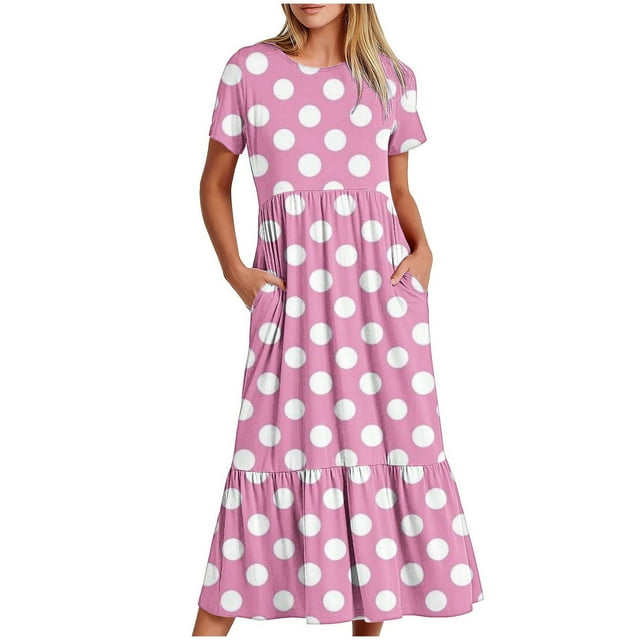 Tumotour Robe d'Été pour Femmes, Imprimée, Ample, Décontractée, à Manches Courtes, Col Ras du Cou, Ligne A, Évasée, Fluide, à Étages, Chemise, Maxi, Plage, Longue, 2025, Tenues Tendance avec Poches